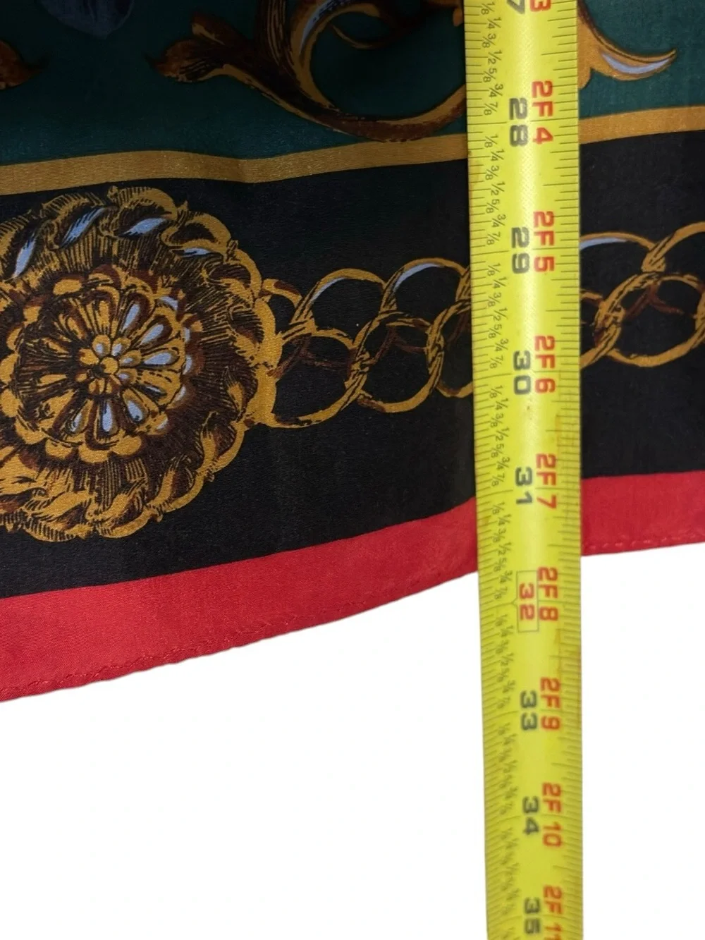 Vintage  Silk-Feel Floral Baroque Scarf in Green and Red